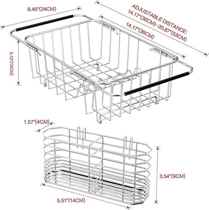 SwetLao Dish Drainer Rack in Sink Adjustable, Expandable 304 Stainless Steel Metal Dish Drying Rack Organizer with Stainless Steel Utensil Holder Over Inside Sink Counter, Rustproof