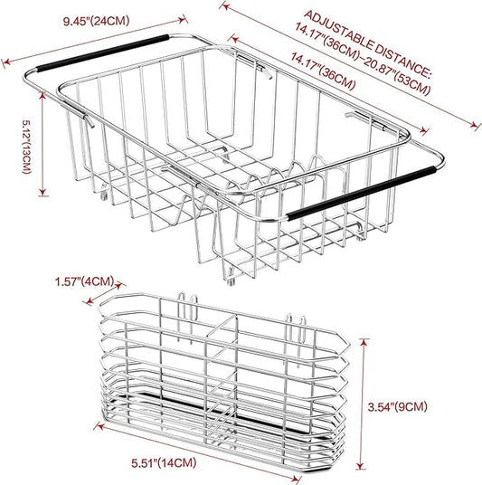 SwetLao Dish Drainer Rack in Sink Adjustable, Expandable 304 Stainless Steel Metal Dish Drying Rack Organizer with Stainless Steel Utensil Holder Over Inside Sink Counter, Rustproof
