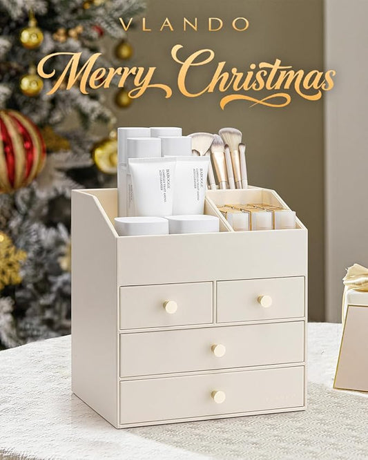 Vlando Makeup Organizer Countertop,Large Vanity Organizer PU Leather Make up Storage with 4 Drawers Perfume Organizers Cosmetic Display Case for Lipstick,Brushes,Bedroom-Beige