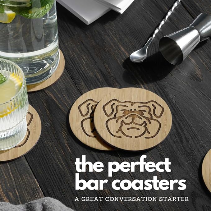 Set of 6 Bamboo Laser-Engraved Fun Dog Coasters with Iron Holder - Gift Packaging 3.9 Inch Non-Stick Absorbent Durable and Unbreakable Wooden Cup Coasters for Dog Lovers (Bulldog)