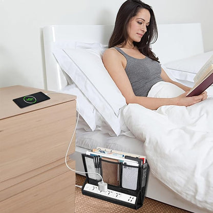 AKAYOK Bedside Caddy Hanging Bed Organizer Storage Bag Pocket with Power Strip Holder Multi-functional Organizer Caddy for Remotes Phone Glasses Magazines, Tablets, Accessories (7 pocket)