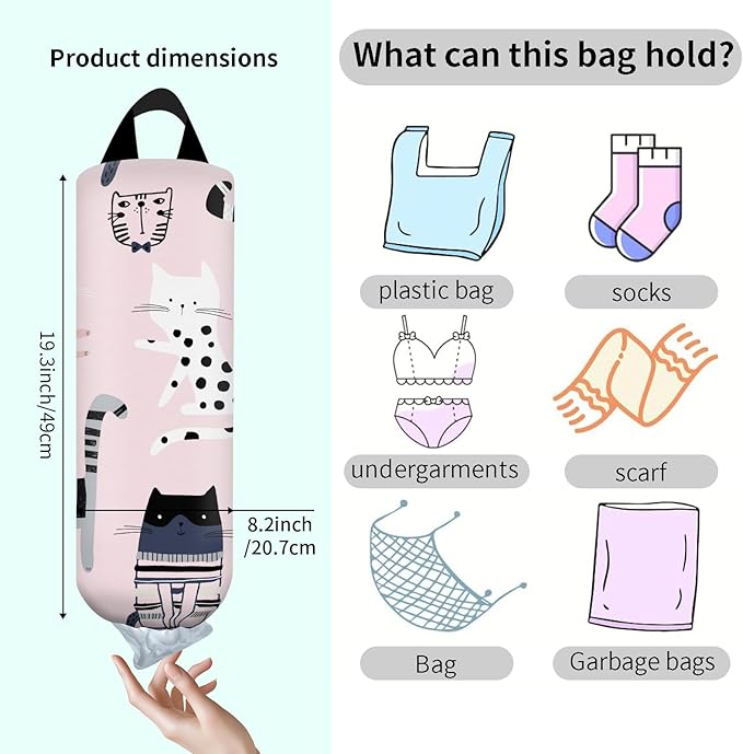 Plastic Bag Holder, Wall Mount Grocery Bag Organizer, Funny Hanging Trash Bag Storage Dispenser for Home Kitchen Cute Pink Cat
