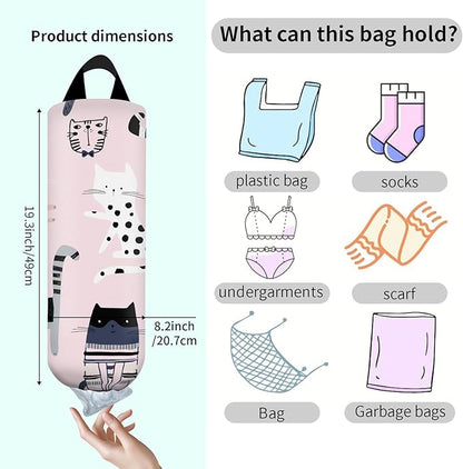 Plastic Bag Holder, Wall Mount Grocery Bag Organizer, Funny Hanging Trash Bag Storage Dispenser for Home Kitchen Cute Pink Cat