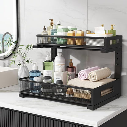 2 Pack 17IN Depth Under Sink Storage Organizer, Large 2-Tier Elegant Mesh Pull Out Shelf for Kitchen and Bathroom Cabinet Organization, L-Shaped and Adjustable Height Design-Black