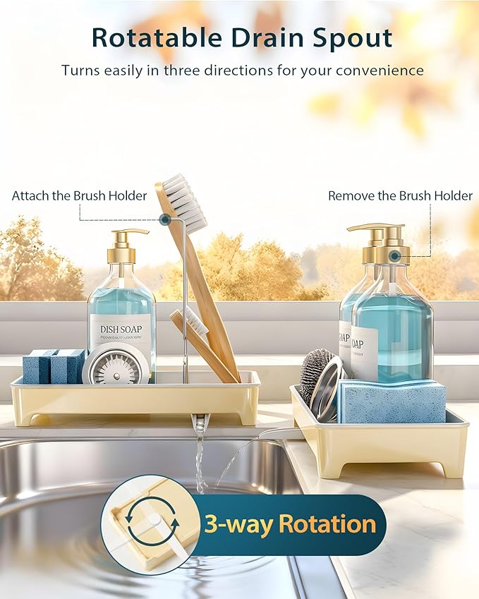 Caumic Minimalist Sink Caddy, Rustproof Sponge Holder for Kitchen Sink with 304 Stainless-Steel Brush Holder, Countertop Rack Organizer with Raised Ridges & Silicone Drain Tube (Pastel Yellow)