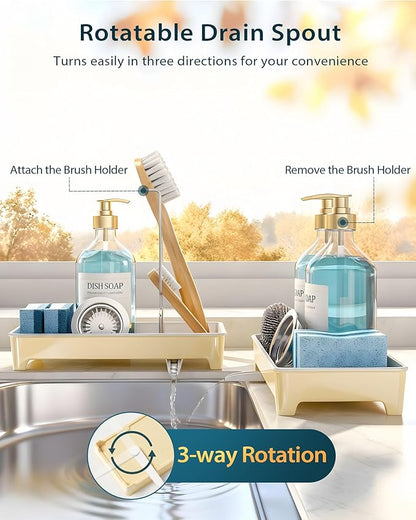 Caumic Minimalist Sink Caddy, Rustproof Sponge Holder for Kitchen Sink with 304 Stainless-Steel Brush Holder, Countertop Rack Organizer with Raised Ridges & Silicone Drain Tube (Pastel Yellow)