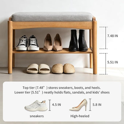 23.62" Solid Wood Entryway Shoe Rack Bench with Cushion, Mid-Century Modern Shoe Storage Bench for Hallway, No Assembly Shoe Organizer for Living Room, Bedroom, Mudroom,Front Door (Gray)