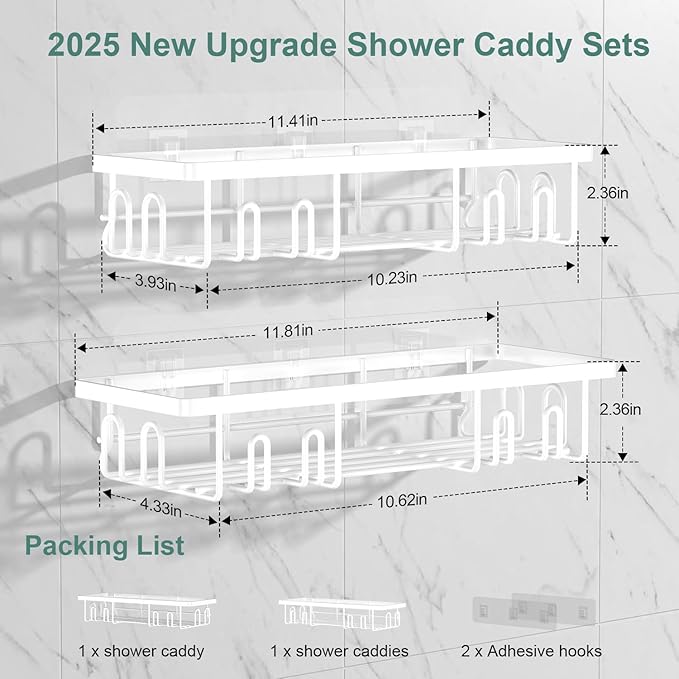 Getsrichfc 2025 New Adhesive Shower Caddy, Shower Shelves with 16 Hooks, White 2 Pack