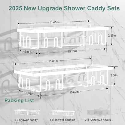 Getsrichfc 2025 New Adhesive Shower Caddy, Shower Shelves with 16 Hooks, White 2 Pack