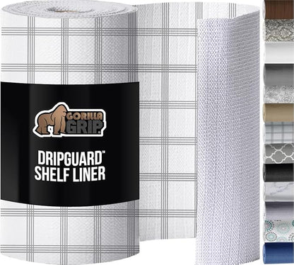 GORILLA GRIP DripGuard Shelf Liner, Non Adhesive Drawer and Kitchen Cabinet Protector, Slip Resistant BPA Free Smooth Surface Plastic Liners for Cabinets, Bathrooms, Closets, 17.5x120 Inch Gray Stripe