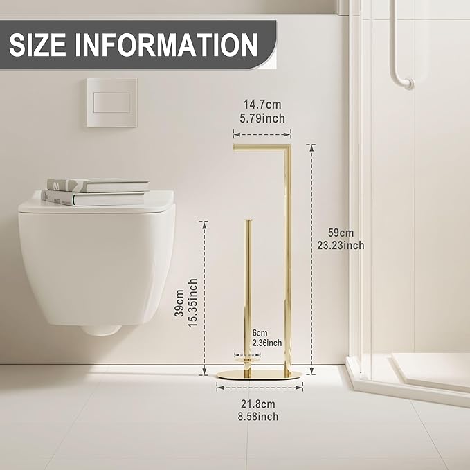 Gold Freestanding Toilet Paper Holder with Reserve for Bathroom with Weighted Base, Modern Tissue Roll Holder Stand