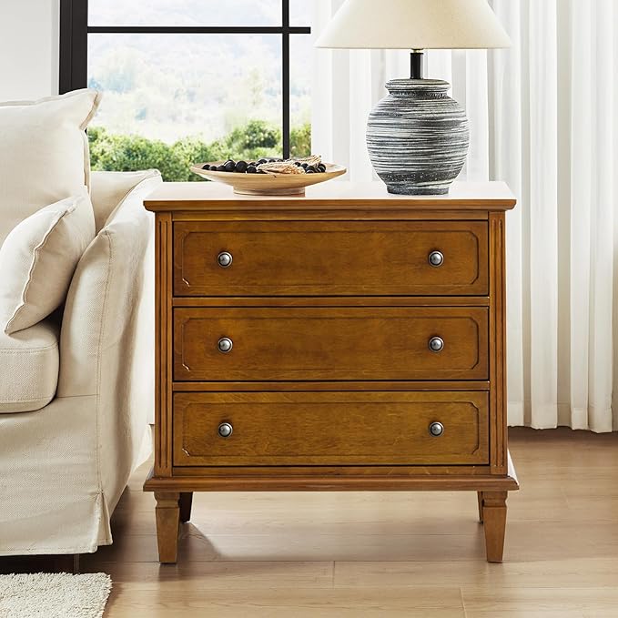 HULALA HOME 3 Drawer End Table with Charging Station, Wooden Drawer Organizer with Wood Legs, Mid Century Modern End Table, Acorn