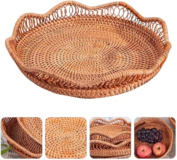 Hand-Woven Storage Basket Rattan Storage Tray Wicker Baskets Bread Fruit Food Breakfast Display Container Box Handicrafts Home Decoration (S (9 * 1.96 Inch))
