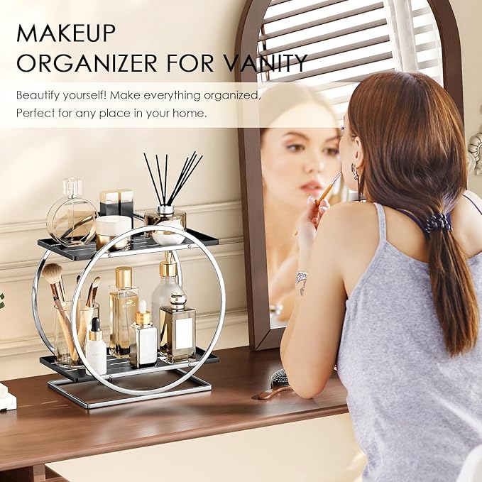 YIWANFW 2-Tier Bathroom Organizer Countertop, Silver Black Perfume Organizer for Dresser, Multi-Purpose Makeup Organizer, Large Cosmetic Skincare Organizers, Exquisite Vanity Storage, Ideal for Gift