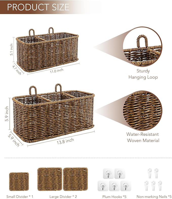 AceList Wall Hanging Basket with Compartment, Woven Hanging Storage Baskets with Hooks - Set of 2, Boho Organizer for Toilet Tank, Bathroom, Kitchen, and Pantry Decor