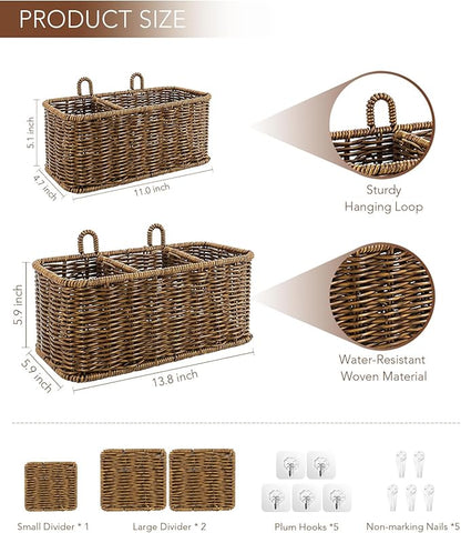 AceList Wall Hanging Basket with Compartment, Woven Hanging Storage Baskets with Hooks - Set of 2, Boho Organizer for Toilet Tank, Bathroom, Kitchen, and Pantry Decor