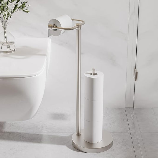 Toilet Paper Holder Stand, Post Pivoting Design Free Standing Toilet Paper Holder with Storage for 4 Rolls, SUS304 Stainless Steel Tissue Holder with Reserve, Heavy-Duty Base (Brushed Nickel)