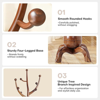 Wooden Coat Rack Freestanding with 8 Hooks, Heavy Duty Coat Hanger Stand with Stable Base, Vintage Coat Tree Standing Coat Racks for Entryway, Hallway, Bedroom (Walnut)