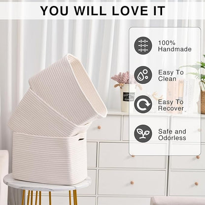 Storage Baskets for Organizing Shelves, Woven Cotton Rope Bins for Baby Nursery Organization, Book Toy Towel Organizer, 15"x11"x9.5", 3 Packs, Off White
