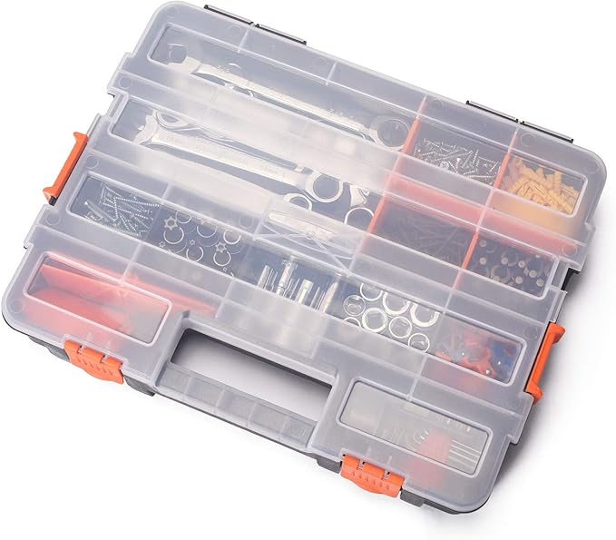 CASOMAN Tool Box Organizer Interlocking Black Small Parts Organizer for Fasteners and Crafts w/Removable Dividers (2 Piece Pack)