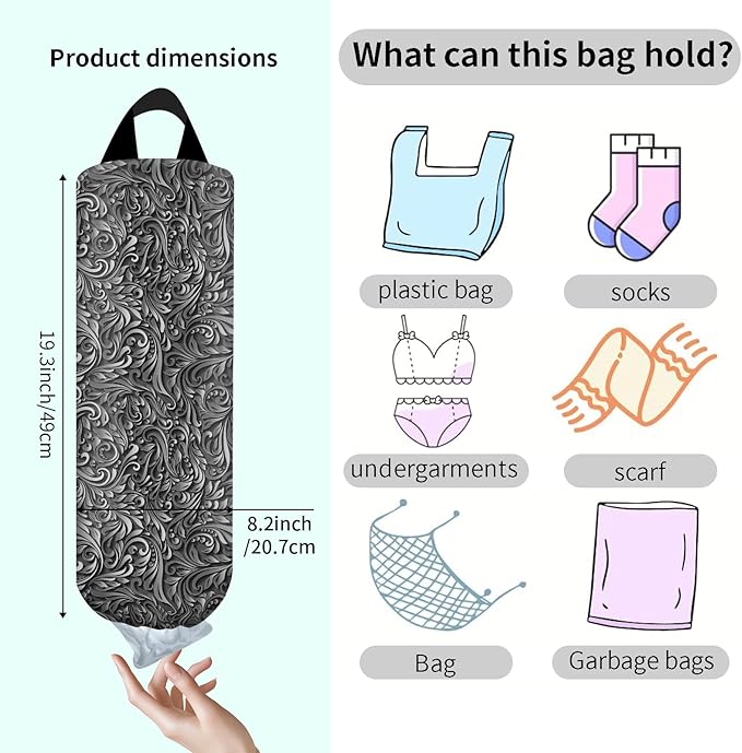 Plastic Bag Holder, Wall Mount Grocery Bag Organizer, Funny Hanging Trash Storage Dispenser for Home Kitchen Luxuious Black Leaf