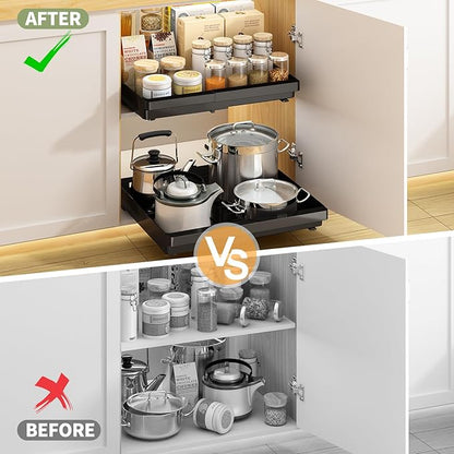 2 Pack Pull Out Cabinet Organizers Expandable (13''-19''), Plastic Slide Out Drawers for Kitchen, Bathroom, Pantry, Under Sink Storage, Pull Out Drawers Fixed with Adhesive Nano Film (Black)