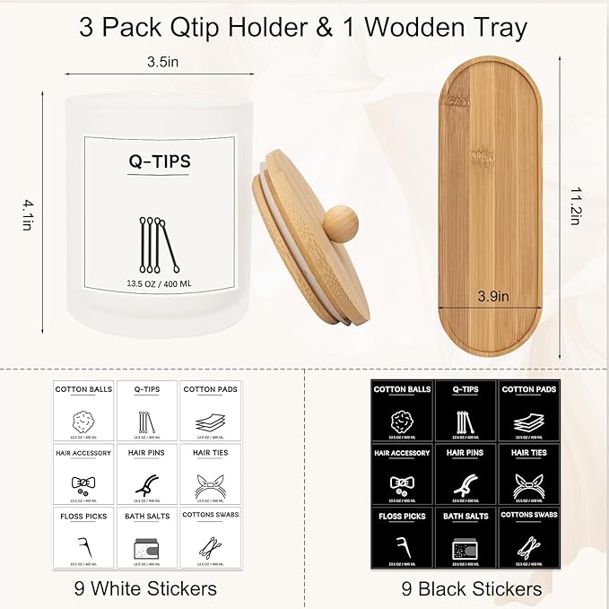 GYOSUGANG 3 PCS Qtip Holder for Bathroom, Cotton Ball Holder, with Tray, Bathroom Organizers and Storage, Bathroom Jars for Floss Picks, Cotton Swabs, Balls, Pads (Frosted)
