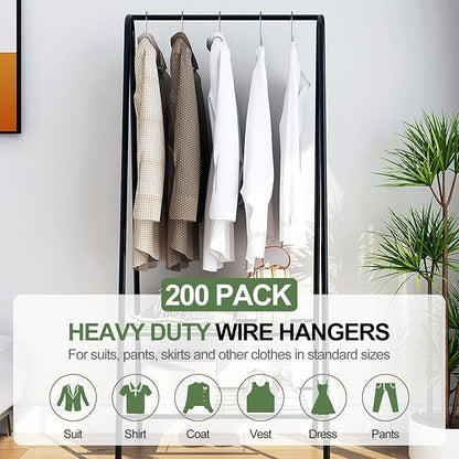200 Pack Bulk Metal Clothes Hangers, Heavy Duty Wire Coat Hangers, Non-Slip, Ultra Thin Space Saving Hangers for Closet, Shirts, Suits, Pants, 16 Inch