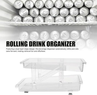 2 Layer Expandable Soda Can Organizer, Automatic Rolling Beverage Drink Dispenser for Fridge, Plastic Beer Can Holder for Refrigerator Pantry Freezer (Clear White)