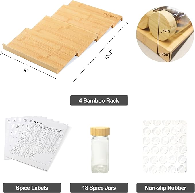 KitHero Spice Drawer Organizer with 18 Bamboo-lidded Spice Jars,216 Labels,50 Non-slip Rubber, Bamboo 4 Tier Seasoning Rack Tray Insert for Kitchen Drawers,Cabinets,Countertop,9" Wide x 15.8" Deep