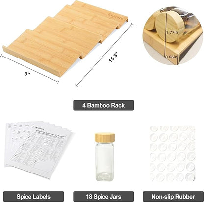 KitHero Spice Drawer Organizer with 18 Bamboo-lidded Spice Jars,216 Labels,50 Non-slip Rubber, Bamboo 4 Tier Seasoning Rack Tray Insert for Kitchen Drawers,Cabinets,Countertop,9" Wide x 15.8" Deep