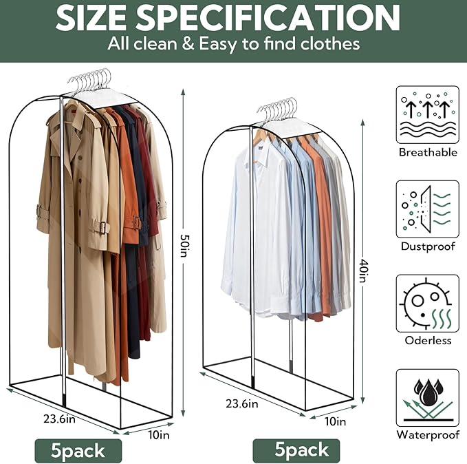 10 Pack Clear Garment Bags for Hanging Clothes 40&50'' Long Clothes Storage Bag with Zippers on Double Sides 10" Gusseted Plastic Clothes Cover for Closet Shirts Coats Dresses Fur Jacket Long Suit