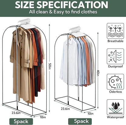 10 Pack Clear Garment Bags for Hanging Clothes 40&50'' Long Clothes Storage Bag with Zippers on Double Sides 10" Gusseted Plastic Clothes Cover for Closet Shirts Coats Dresses Fur Jacket Long Suit
