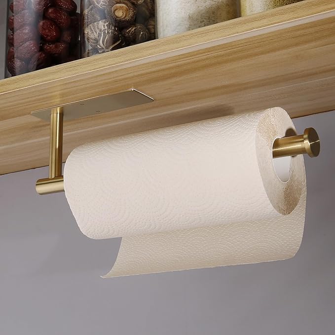 Paper Towel Holders,Paper Towels Rolls Paper Bulk- Self-Adhesive Under Cabinet Wall Mount Countertop Both Available in Adhesive and Screws for Kitchen Pantry Sink Bathroom Stainless Steel Gold
