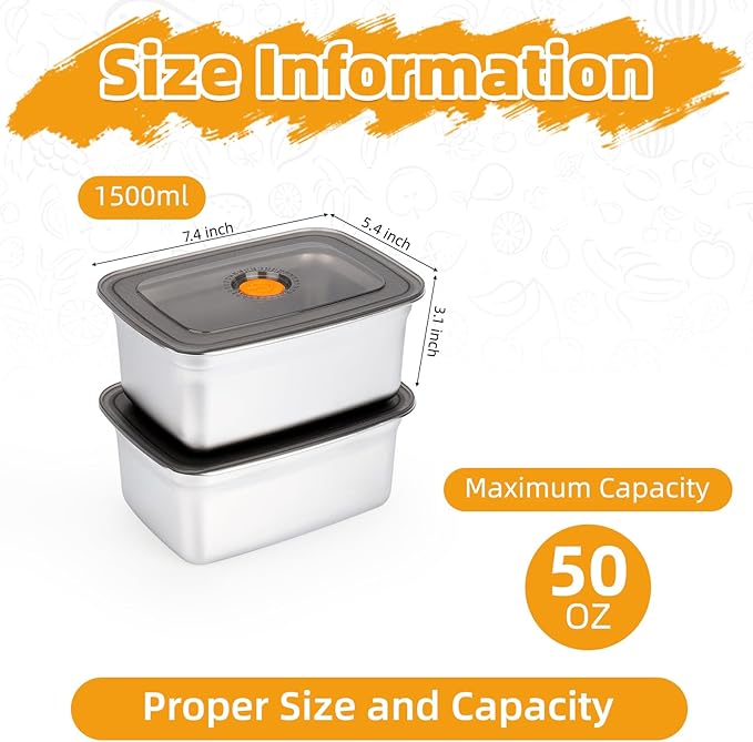 2 PCS Stainless Steel Food Storage Containers With Lids(50oz), Leak Proof & Airtight | Stainless steel freezer Containers,For Meal Prep,Fruit,Freezer