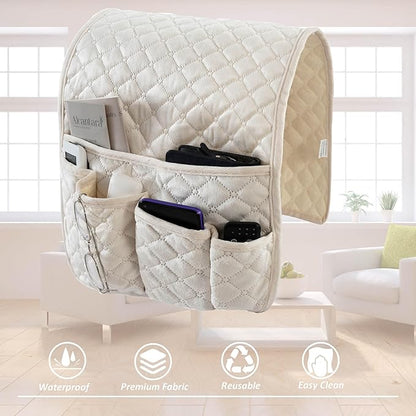 luckyjoyreal Velvet Armchair Caddy for Couch Remote Control Holder Non-slip Sofa Armset Organizer Caddy Storage for Recliner Couch 5 Pocket for Magazine 35"x13" Ivory 1 Piece
