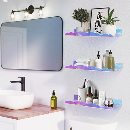 Iridescent Rainbow Acrylic Floating Shelves,15in Kids Wall Mounted Nursery Bookshelves, Display Ledge for Books Toys Cosmetic, Bathroom Bedroom Living Room Wall Decor and Storage, 2 Pack
