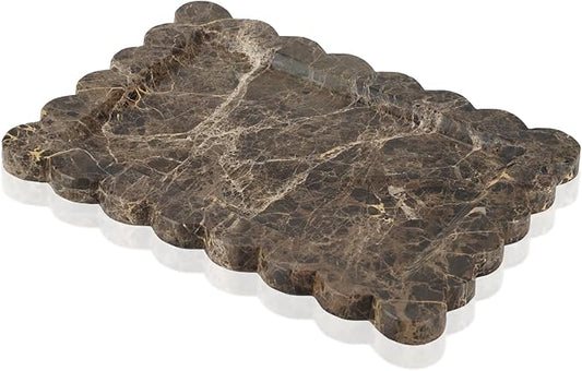 Rectangle Marble Tray with Scalloped Edge, Dark Brown Decorative Tray for Bathroom Vanity, Kitchen Counter, Dresser Top Organizer, Perfume Jewelry Holder, 11x8 Inch Natural Stone Home Décor