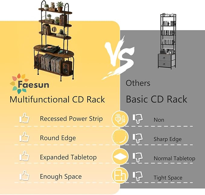 5-Tier CD Storage Rack, Record Player Stand with Storage, DVD Organizer Shelf with Adjustable Book Stoppers, Media Storage Rack for CD/DVD, Books, Games, for Living Room, Bedroom, Home Office, Rustic