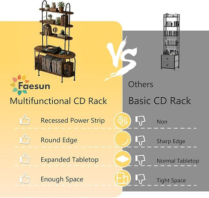 5-Tier CD Storage Rack, Record Player Stand with Storage, DVD Organizer Shelf with Adjustable Book Stoppers, Media Storage Rack for CD/DVD, Books, Games, for Living Room, Bedroom, Home Office, Rustic