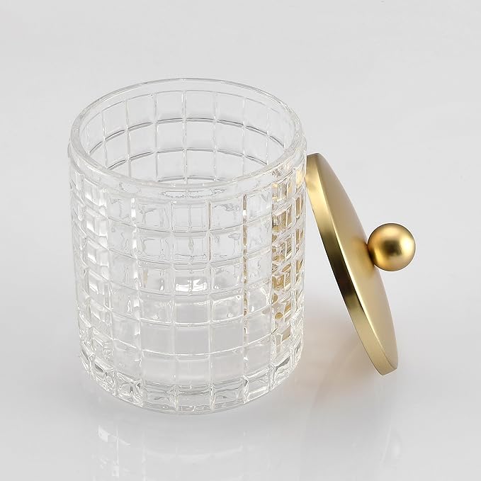 Indecor Home Clear Tranparent Apothecary Etched Geometric Grid Glass Jar W/Gold Metal Lid Cover for Bathroom Organization, Cotton Balls, Q Tips, and Small Accessories, Bathroom Storage