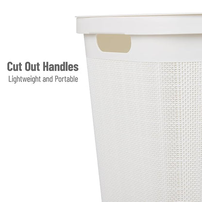 Mind Reader 60L Slim Laundry Hamper, Clothes Basket, Lid, Linen Design, Plastic, White