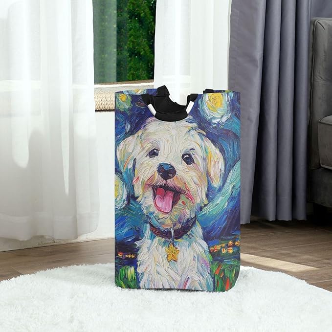 Laundry Hamper Basket Dog Starry Night Blue Storage Basket Collapsible Clothes Hamper with Handle Decorative Organizer Bins Basket for Laundry Room Bedroom Clothes College