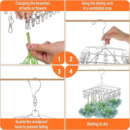 4 Pack Stainless Steel Sock Drying Rack with 160 Clips, 360° Rotatable Windproof Hook Hanger Rack for Underwear, Bras, Socks, Towels and Laundry Accessories, Silver