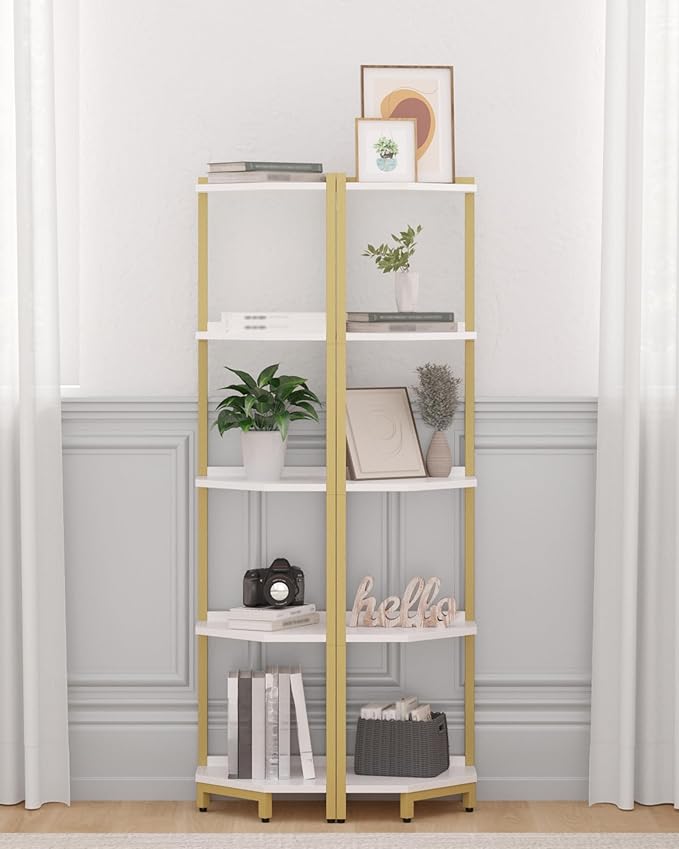 Corner Shelf Stand, Corner Bookshelf, Storage Standing Shelf Unit with Metal Frame, Plant Stand, Corner Bookcase for Living Room, Home Office, Bedroom, 5-Tier White Gold CS05903A