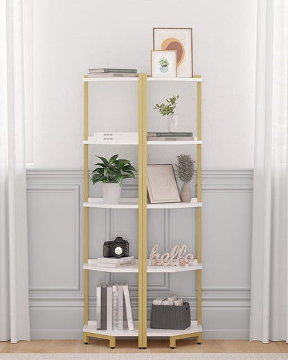 Corner Shelf Stand, Corner Bookshelf, Storage Standing Shelf Unit with Metal Frame, Plant Stand, Corner Bookcase for Living Room, Home Office, Bedroom, 5-Tier White Gold CS05903A