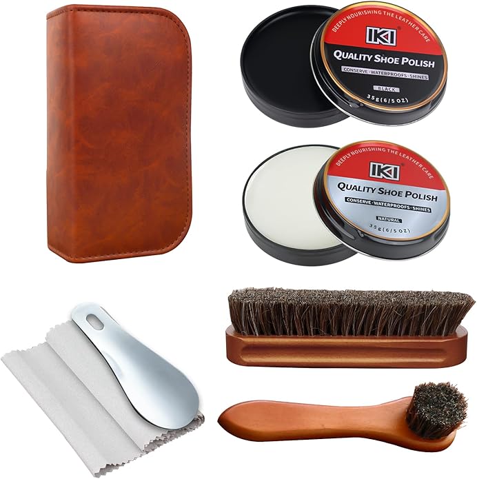 IKI Shoe Shine Polish Kit - 7PCS Leather Boot Care Kit with Black Shoe Polish Horsehair Brush Cloth Shoe Horn for Men