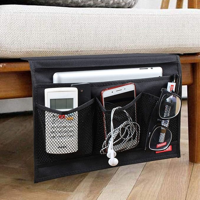Meeall Bedside Caddy 4 Pockets Bedside Organizer Caddy Fit Tablet Magazine Phone Glasses, Under Mattress Remote Control Holder Storage Organizer, Black