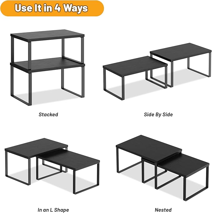Selefrecos Kitchen Cabinet Organizer Shelf Set of 4, Sturdy Kitchen Counter Shelves with Metal Legs, Stackable Expandable Wood Spice Rack Pantry Cupboard Dish Mug Cup Storage Organizer Shelf, Black