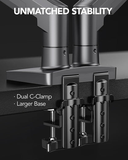HUANUO Dual Monitor Stand, Fully Adjustable Monitor Desk Mount for 13–32″ Computer Screens, Full Motion VESA 75x75/100x100 with C-Clamp & Grommet Base, Each Arm Holds 4.4 to 19.8 lbs -Grey